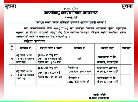 परिक्षा भवन कायम गरिएको सम्बन्धी अत्यन्त जरुरी सुचना 
